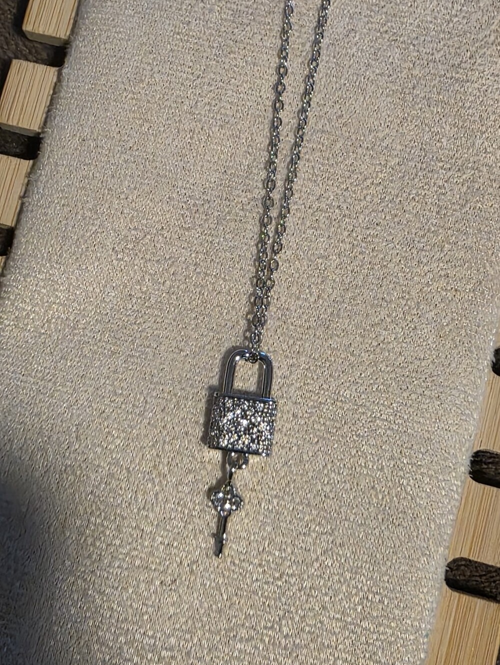 New Stainless Steel Pave CZ Lock And Key Pendant Necklace- Silver